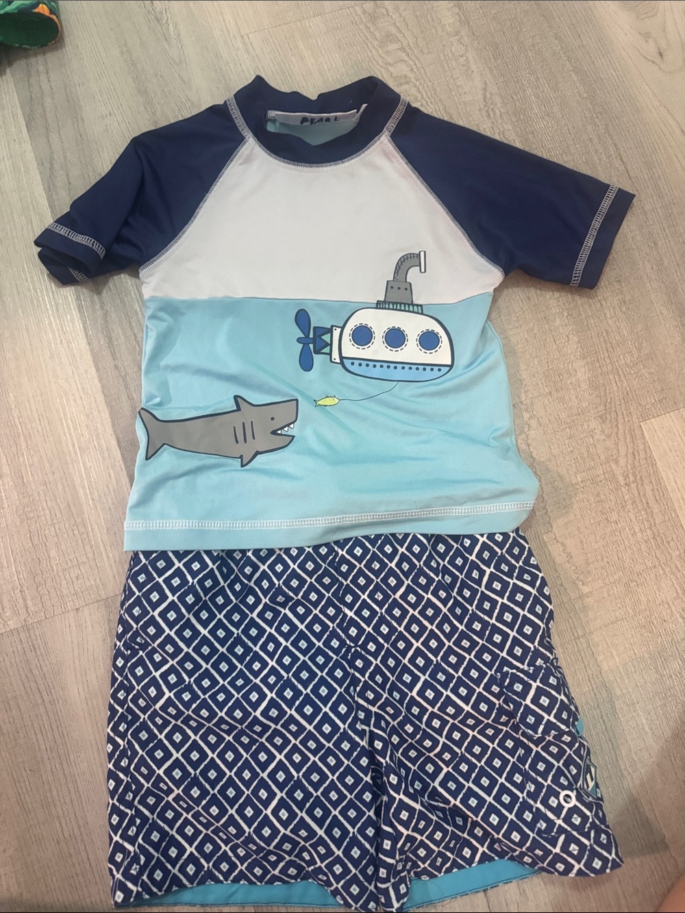 Wippette Navy, Light Blue & White Boys Swim Trunks Set - Submarine & Shark